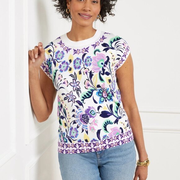 Talbots cap extended sleeve jacobean floral sweater top woman's LP - Picture 1 of 7